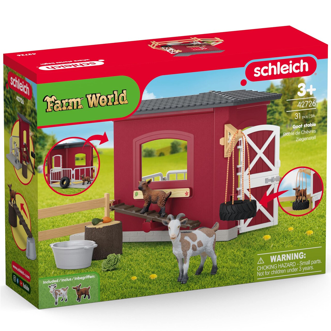 Schleich Farm World: Goat Stable - 31pc Playset, 2 Animal Figures, Fenced Sleep Area, Feeding Station & Toy Accessories, Customizable Layout, Kids 3+